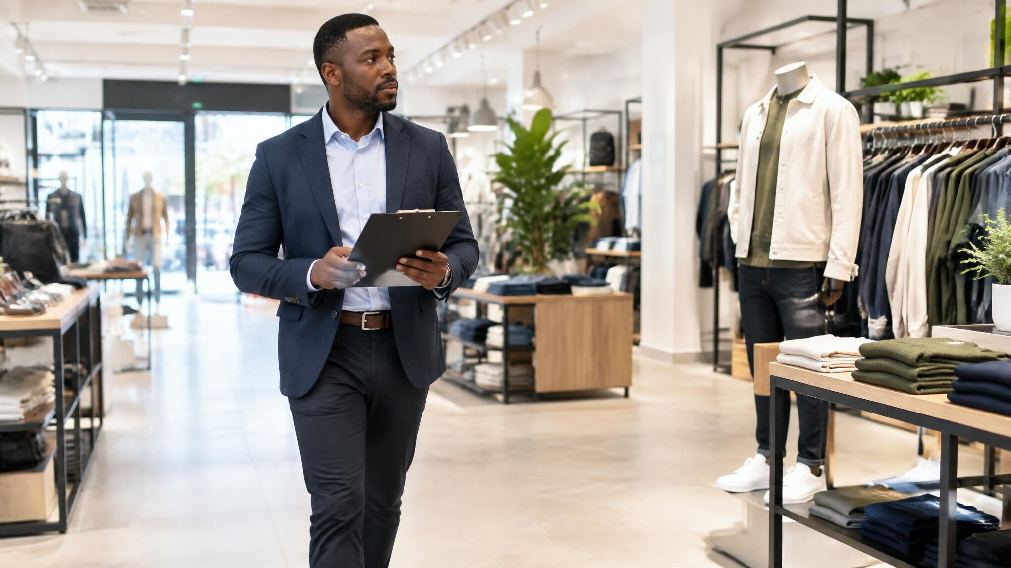 Consultant walking through a retail store with a clipboard