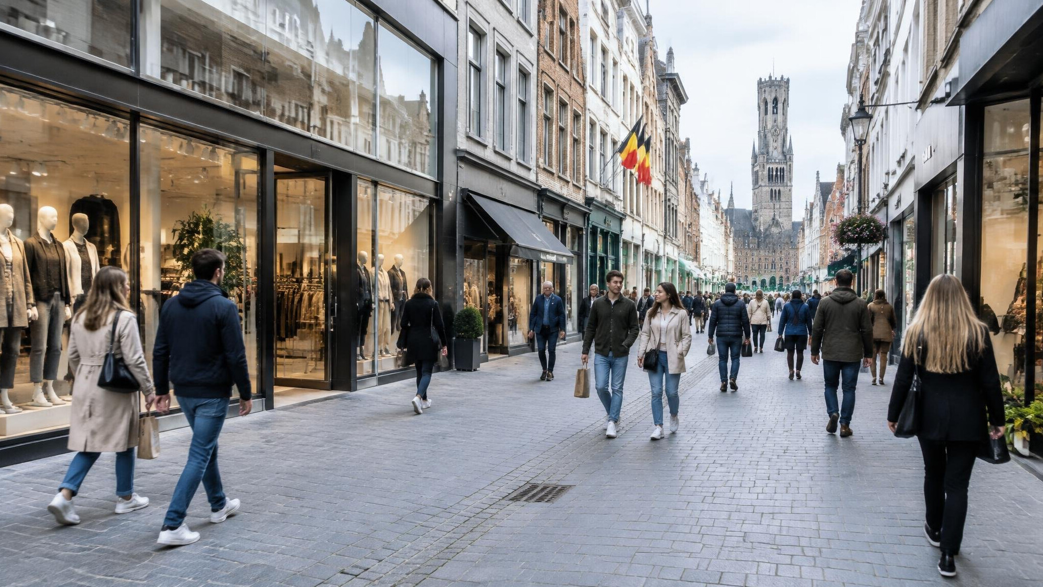 Shopping street with pedestrians and storefronts